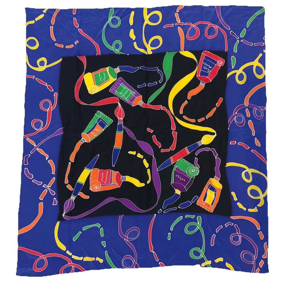 Vtg 80s Artist Tubes Brushes Silk Scarf Hand Rolled Hem Bold Pop Art Colors 34"